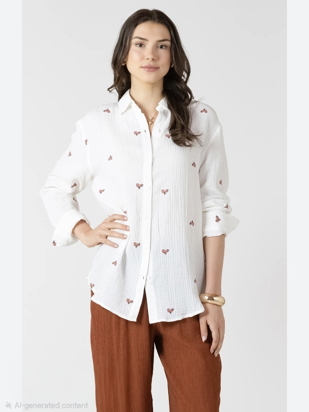 Dex white button-down shirt features a White Embroidered Heart Button-Down Shirt
